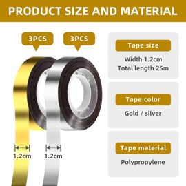 WUFGWBD 6 Rolls Of Decorative Gift Tape, Gold And Silver, 25M Each