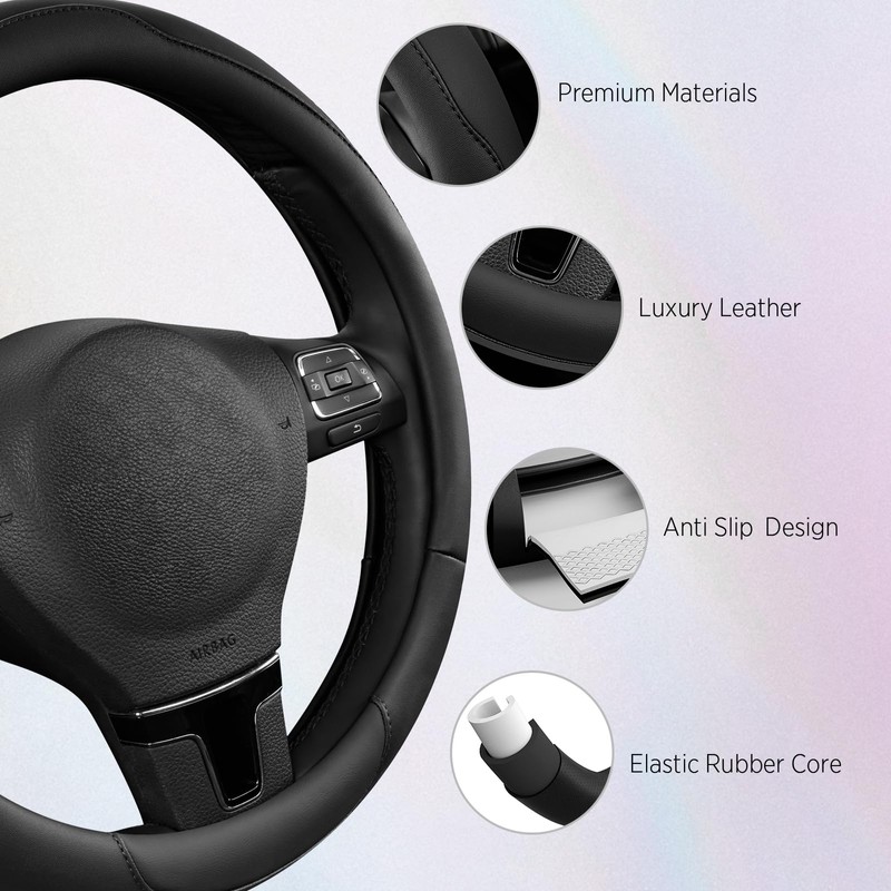 Steering Wheel Cover, Breathable Anti-Slip Leather Steering Wheel Cover, Universal