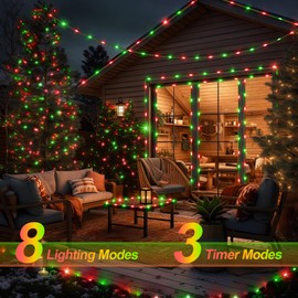 ROADAYLY 180 LED Christmas Lights Red Green Outdoor Waterproof Christmas Tree Lights with Remote Timer 8 Modes Green Wire Plug Fairy Lights for Tree Garden Patio Yard Xmas Decorations String Light