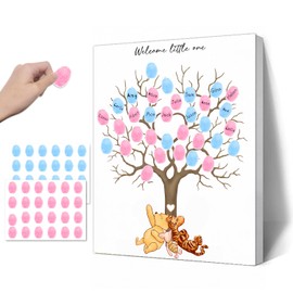 Guawubiang Winnie Gender Reveal Fingerprint Tree, Winnie Gender Reveal Decor Guestbook, Baby Shower Decoration for Expectant Mothers, Baby Shower Guest Book with Stickers