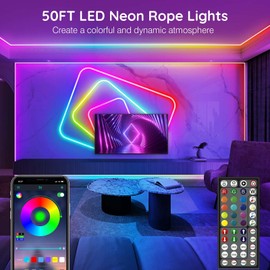50Ft Neon Rope Lights,Flexible Led Rope Lights Control with App/Remote,Multiple Modes Rope Lights,IP65 Outdoor RGB Led Neons Lights,Music Sync Gaming Led Neon Light Strip for Bedroom Decor (50FT)