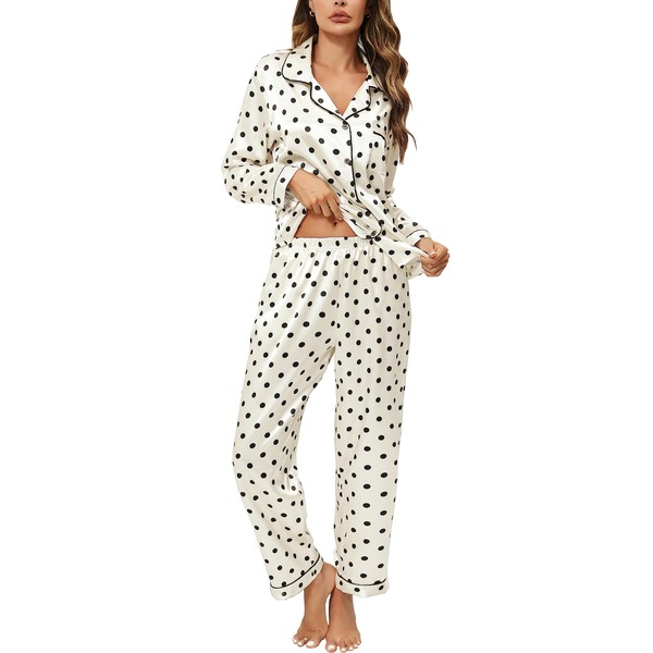 Anjue Silk Satin Pajamas Women Long Sleeve Silk Pjs Set