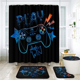 Arttown Blue Orange Gamepad Bathroom Sets with Shower Curtain and Rugs and Accessories, Game Funny Black Shower Curtain Sets, Kids Boy Shower Curtains for Bathroom Decor 4 Pcs