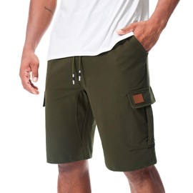 Suwangi Mens Cargo Athletic Shorts Flexible Elastic Waistband Loose Fit Shorts Outdoor Drawstring Multiple Pockets Shorts Army Green