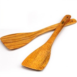 Wooden Spatula for Cooking, Kitchen Set of 2, Bamboo Wooden Utensils Long Handled, Ideal for Pan and Wok, Wood Turner, Scraper Corner Spatula, 12 Inch