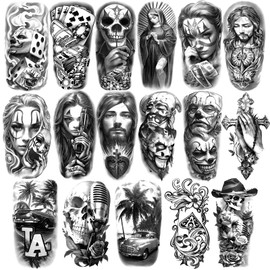 Chicano 77 Sheets Temporary Tattoos for Men Women Adults Fake Tattoos Chicano Gangster Fake Tattoos Prisoner Day of the Dead