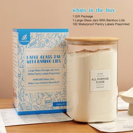 HHMJSM Large glass flour and sugar containers with 132 Kitchen Pantry Labels - 1 Gallon Glass Food Storage Containers with Airtight Lids - Square Glass Jars Rice with Bamboo Lids