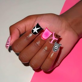 Duck Nails Press On with Junk Nail Charms | Black Fake Nails for Women | Cute Fall Nail Art