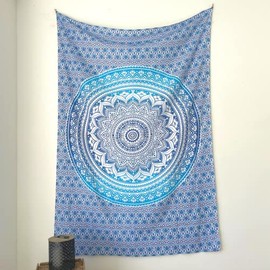 MOMOMUS Mandala Tapestry – Natural – 100% Cotton Aesthetic, Multipurpose – Wall Towel / Beach Towel XL – Wall Decoration Living Room Decoration Bedroom – Blue, 135 x 210 cm