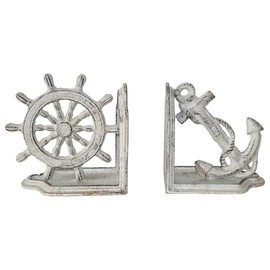 JUCONSIN Nautical Coastal Marine Home Decor Ship Anchor and Captain's Helm Wheel Bookends Pair Set, Antique White Book Ends Heavy Book Supports, Vintage Shelf Decor