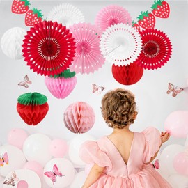 Strawberry Party Decorations, Red Pink White Paper Fans Honeycomb Balls Lanterns Garland Classroom Nursery Berry Sweet Fruits 1st One Birthday Bridal Baby Shower Decor Supplies
