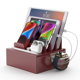 Pezin & Hulin PU Leather Charging Station for Multiple Devices, Dock Station Rack for Cell Phones, Tablet, Smart Watch & Earbuds (Burgundy), No Power Supply