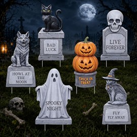 6PCS Halloween Outdoor Graveyard Signs Decorations Halloween Pet Cemetery Tombstones Yard Signs with Stakes Plastic Ghost Pumpkin Skull Cat Wolf Headstone Lawn Signs for Haunted House Mansion Supplies