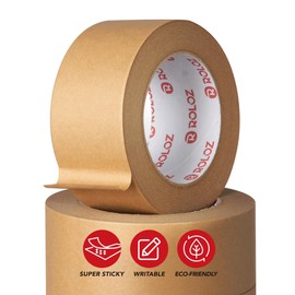 Roloz Brown Kraft Paper Packing Tape, Strong Adhesive, Hand Tearable, Writable Shipping Tape for Moving Boxes, Brown Packing Tape for Shipping, Packing, Storage, and Mailing - 6pk