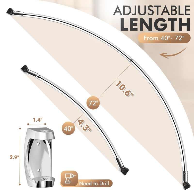 Bonpally Curved Shower Curtain Rod 40-72 Inches Adjustable, Aluminum Shower