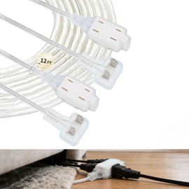 Rokneis Clear Extension Cord, 12 ft, 3 Outlet, 2 Pack, Flat Plug