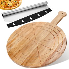 Pickmesh Pizza Cutter and Round Serving Board Gift Set 16 Inch Paddle Cutting Board with Handle Stainless Steel Food Slicer Acacia Wooden Pizza Board with Engraved Sizes for Baking, Vegetable, Cheese