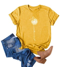 MaQiYa Womens Cute Make A Wish Dandelion Printed Tee Shirts Summer Cotton Vintage Graphic Tees Tops Yellow