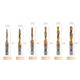 HIDOTOL Titanium Combination Drill and Tap Bits Set, 6 PC SAE Screw Taps, 3-in-1 Bit Tool for Drilling, Tapping and Countersinking