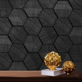 Self Adhesive Black Peel and Stick Wallpaper 15.7" X 197" 3D Hexagon Geometric Embossed Contact Paper Removable Easy Peel Off Wallpaper Textured Wall Paper for Cabinet Bedroom