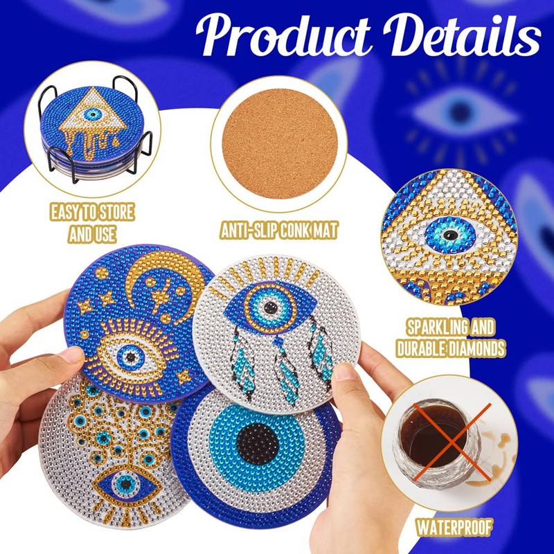 Boutigem 8Pcs Evil Eye Diamond Paintings Coasters Blue Diamond Art