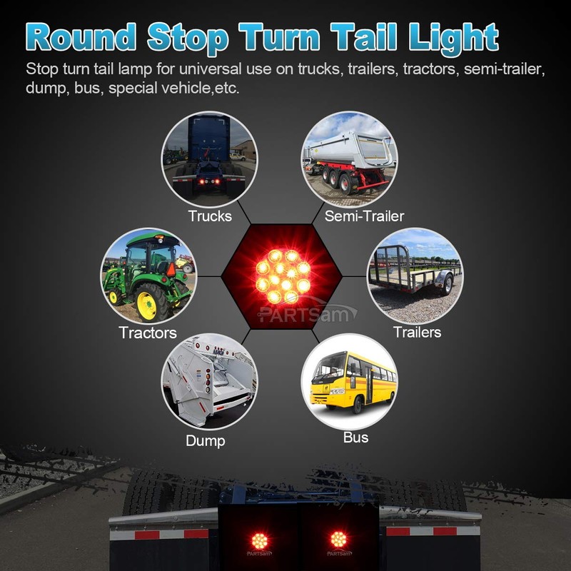 Partsam 2Pcs 4 Inch Round Red LED Trailer Tail Lights