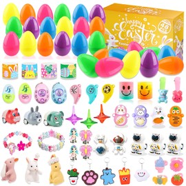 Seamart Pack of 48 Pre-Filled Easter Eggs with Cartoon Toy, Bracelets Key Rings for Easter Party, Easter Eggs for Filling, Easter Eggs Hunting, Easter Basket Filler, Gift for Children (Random Style)