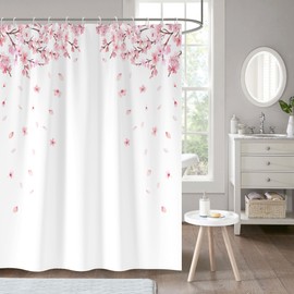 zokyer Pink Floral Shower Curtain White Flowers Cherry Blossom Art Girls Botanical Plant Japanese Sakura Garden Rustic Country Farmhouse Bathroom Decor Polyester Fabric Plastic Hooks 12 Pack (60Wx72L)