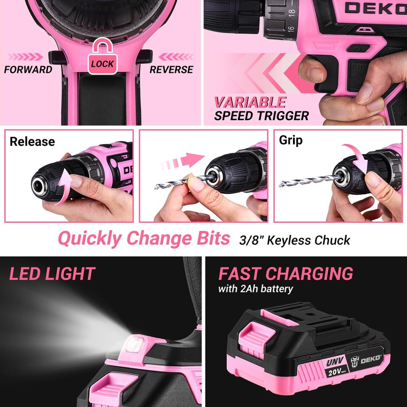 DEKOPRO Pink Drill Tool Kit Set: 20V Cordless Power Drill