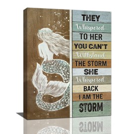 Mermaid Bathroom Decor Wall Art Vintage Girl Inspirational Quotes I Am The Storm Pictures Wall Decor Canvas Painting Prints Artwork Home Decorations Framed for Bedroom Kitchen Living Room 16"x20"