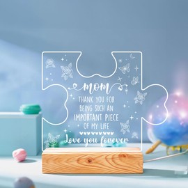 Mom Being of My Piece - Puzzle Piece LED Night Light for Mom - USB Powered Lamp with Heartfelt Message - Wooden Base - Perfect Mother's Day or Birthday Gift, Home Decor