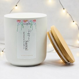 Scentfully Handmade10oz Wood Wick Candles (Saffron Santal 10 oz Wood Wick Candle- White Ceramic Jar with Bamboo Lid)