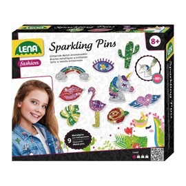 Lena 42662 Craft Set Metal Sparkling Pin, Complete Set for Glittering Metal Lapel Pins, with 9 Metal Pin Shapes, Safety Pins, 7 Glitter Colours and Craft Glue, for Children from 8 Years