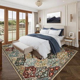 ROYHOME 9x12 Area Rug Large Machine Washable Rug for Living Room Moroccan Trellis Accent Rug Stain Resistant Non-Slip Carpet Farmhouse Vintage Distressed Floral Floor Cover for Home Decor, Red/Brown