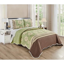 Grand Linen 3-Piece California Cal King Size Wave Edged Oversized Quilt Set 120 inch X 106 inch All Seasons XL Bedspread, Pillow Shams Lightweight Soft Coverlet Sage Green Brown Colors Floral Pattern