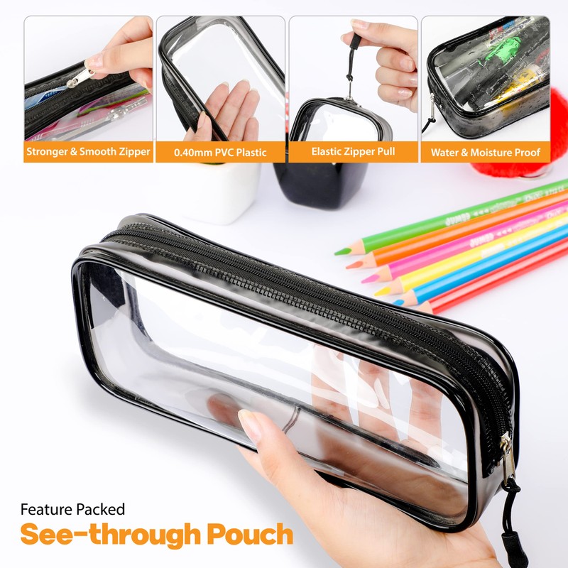 Zamasha Clear Pencil Case Black with Strong Zipper | 22x4x9