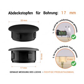EMFA Cover Caps for 17 mm Drill Holes Black Pack of 4 - Blanking Plugs 17 mm, Cover Plugs with 20 mm Head Diameter