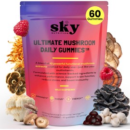 SKY NUTRITION Mushroom Gummies - 10-in-1 Advanced Complex w/Lions Mane, Reishi, Cordyceps, Turkey Tail - Focus & Brain Support - Raspberry Flavored 60 Vegan Lions Mane Mushroom Gummies for Adults