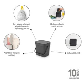Brabantia Sort & Go Food Waste Bin (3L/Grey), Small Countertop Compost Bin with Handle and Removable Lid, Easy to Clean