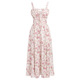 Floral Midi Corset Dress: Women Boho Flowy Slit Lace Up Dresses Sleeveless Square Neck Spaghetti Straps Dress Going Out Evening Party A Line Casual Bustier Sundress White+Pink Floral XL