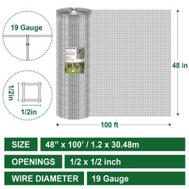 HOPERAN Hardware Cloth 1/2 Inch 48 x 100 ft - 19 Gauge Chicken Wire Fencing, Galvanized Wire Mesh Roll, Welded Wire Fence, Chicken Coop Wire Fence Gopher Wire Rabbit Wire Poultry Netting Cage