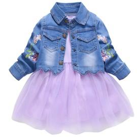 Yao Spring Autumn Little Girls Clothing Set Child Kids Denim Jacket and Long Sleeve Dress 2 Pieces Set(2T, Purple)
