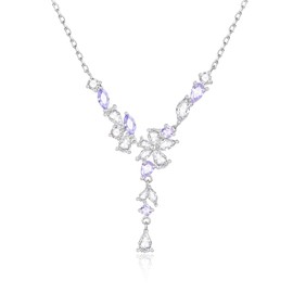 FANCIME Women's Necklace, Fuji Y Shaped Necklace, Flower Motif, Top Grade Zirconia, Purple, Silver, S925 Sterling Silver, Jewelry, Christmas, Anniversary, Birthday, Gift, Gift Wrapping Included,