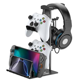 KDD Soporte Auriculares Gaming, Universal Soporte Control & Porta Cascos Mesa con Organizador de Cables, Gancho Controlador con Barra Apoyo de Aluminio para Switch Teléfono Accesorios Juego PC(Negro)