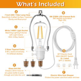 Make a Lamp or Rewire Kit,DIY Bottle Lamp Wiring Kit Includes lamp bulb,3-Way Light Socket,Electric Cord,Glass Drill Bit,Bottle Corks etc.,Bottle Lamp Design&Repair (Full Set Wiring Kit-Bulb included)