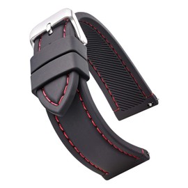 STUNNING SELECTION ALPINE Smooth and sporty silicone stitched watch band with quick release spring bars- Black with red stitching - 18mm (fits wrist sizes 6 1/4 to 8 inch)