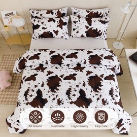 PERFEMET Cow Print Comforter Sets Full Size 3 Pieces Cowhide Western Bedding Set Farmhouse Style Reversible Checkered Cow Bed Quilt Set for Kids Teens Boys Girls (Brown White, Full)