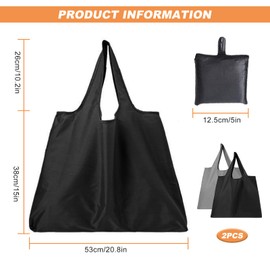Foldable Shopping Bag Foldable in Bag Pack of 2 Reusable Shopping Bags Foldable Shopping Bags Washable Black & Grey, black