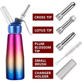 Comforty Professional Whipped Cream-Dispenser - Highly Aluminum Whip Cream Charger, 3 Various Stainless Culinary Decorating Nozzles and 1 Brush 1-Pint / 500 mL Whipper N2O Chargers (Not Included)