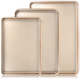 Baking Sheet Pan Set of 3, Commercial Cookie Sheets for Baking, Nonstick Half/Quarter/Jelly Roll Pans Replacement Toaster Oven Tray, Heavy Duty & Easy Clean, Champagne Gold